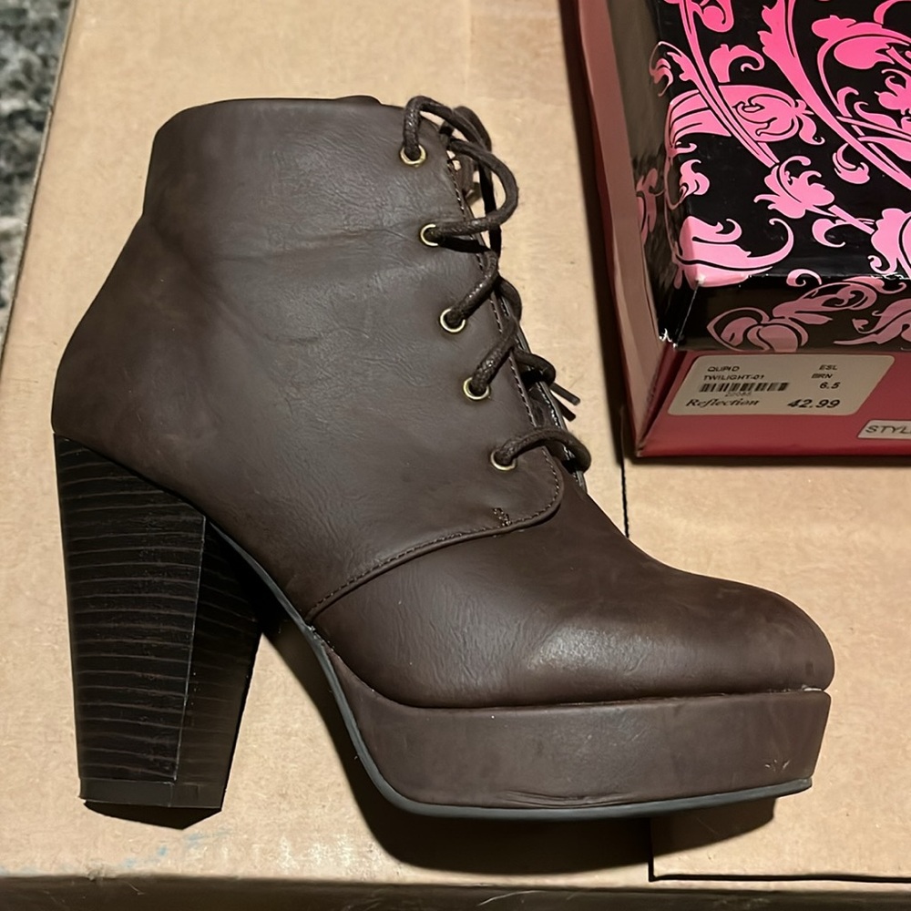 Lace up ankle boots with 3 inch chunky heel. Chocolate Brown. Never worn.